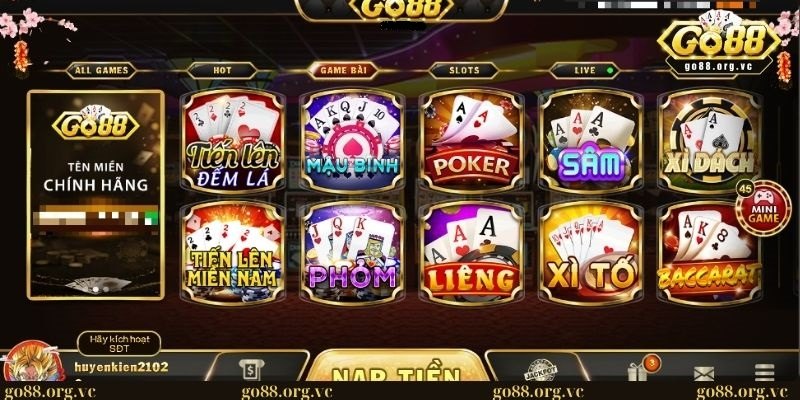 Giao diện danh mục game bài tại GO 88
