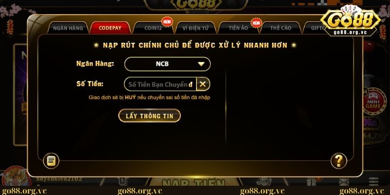 Giao diện nạp/ rút tiền tại thương hiệu GO88